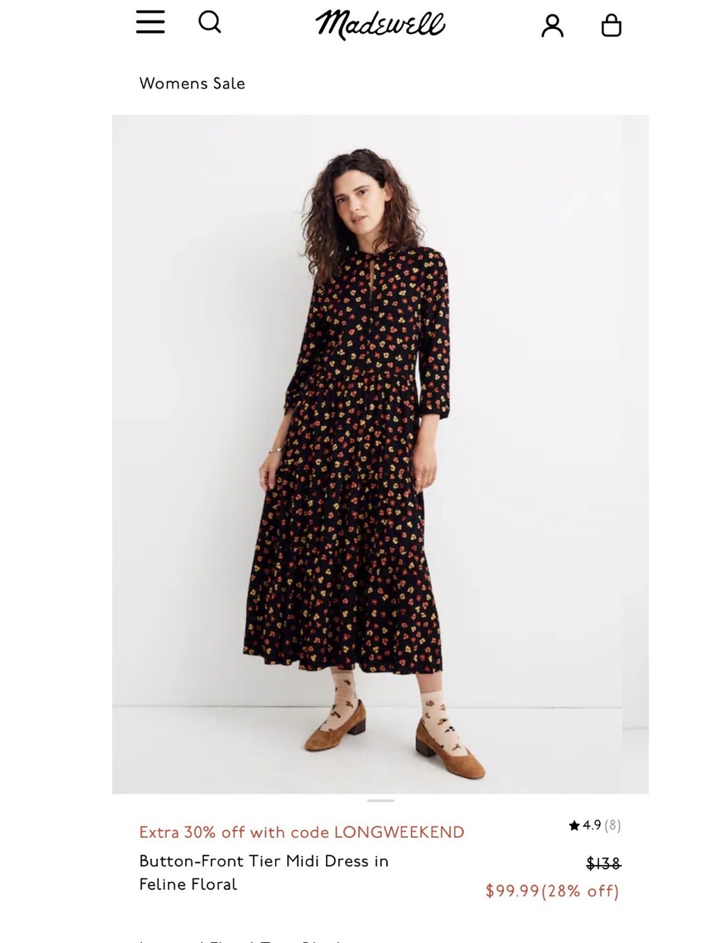 Madewell Black Feline Floral Button-Front Tiered Midi Dress